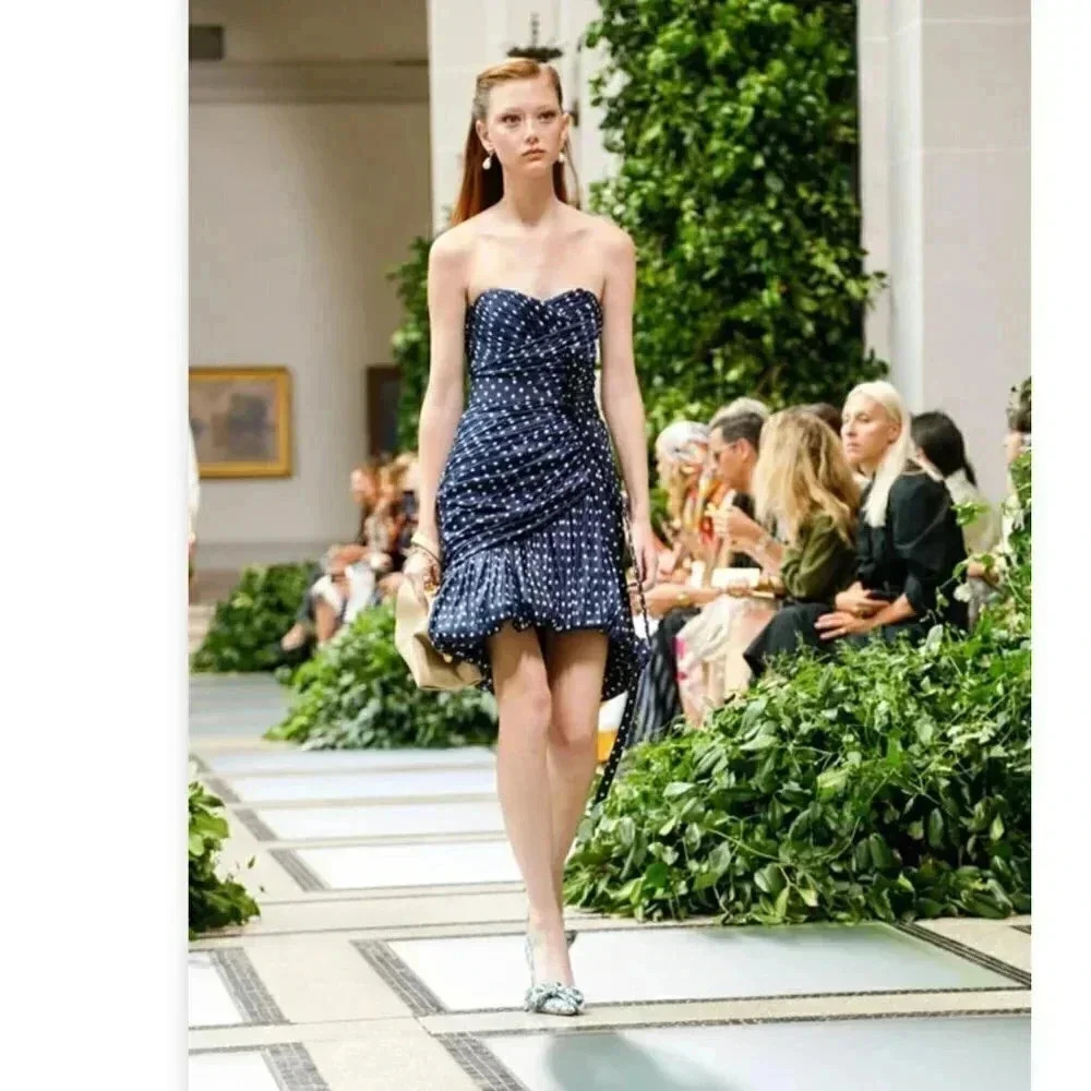 NWT Tory Burch 100% Silk Strapless Pleated Polka dot Jacquard Mini Dress Blue 8